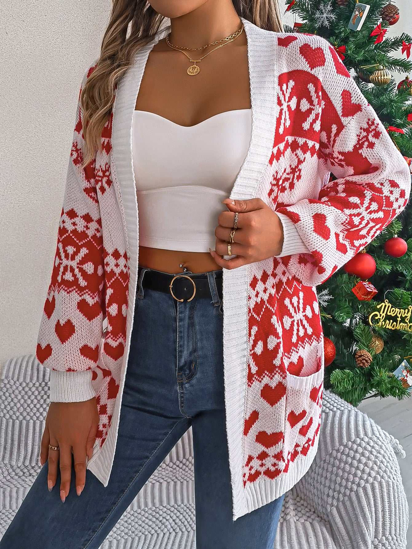 Cardigan Knitwear Lantern Sleeve Xmas