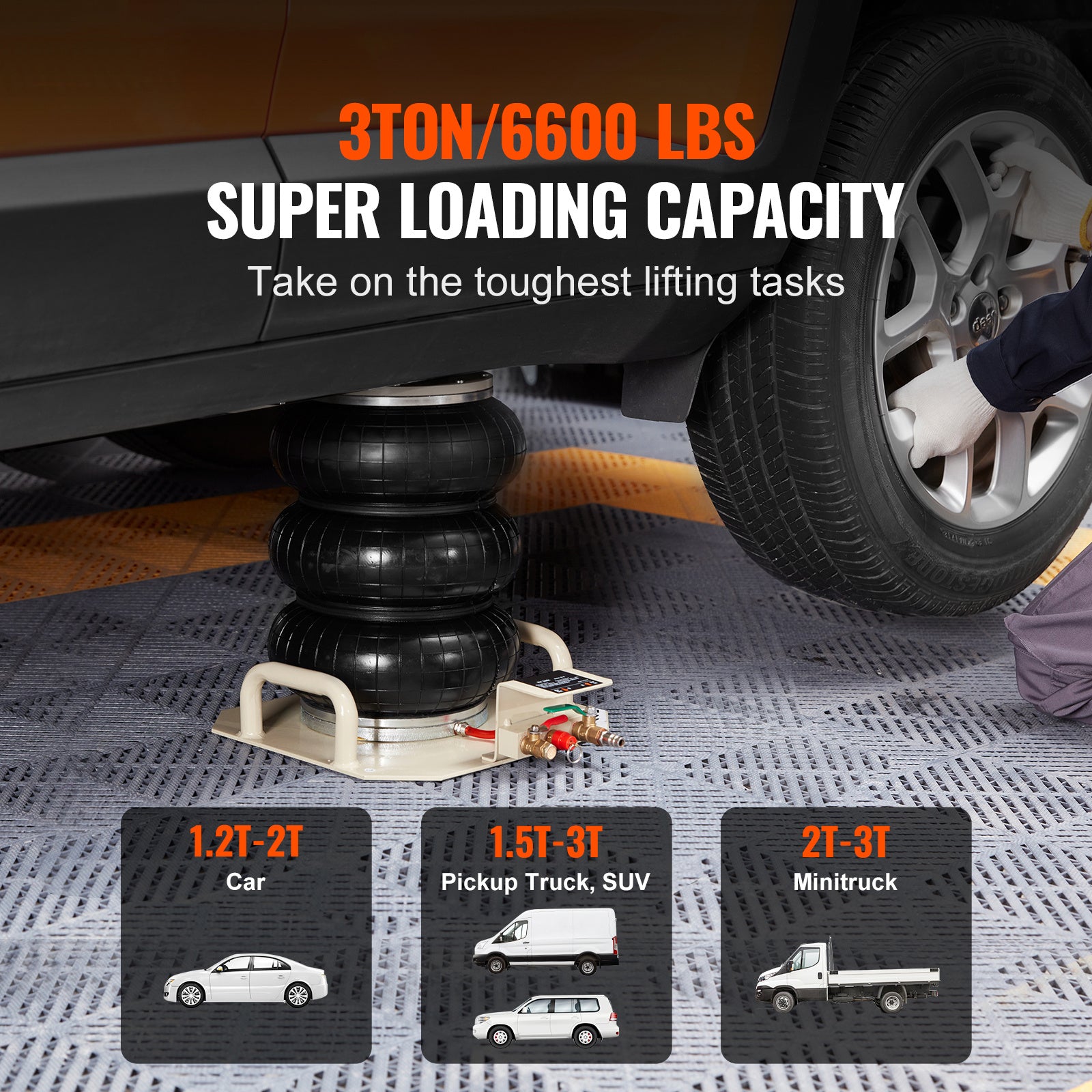 VEVOR Air Jack, 3 Ton/6600 lbs Triple Bag Air Jack, Air Bag Jack Lift Up to 450 mm, 3-5S Fast Lifting Pneumatic Jack, with Side Handles for Cars, Garages, Repair (Beige)