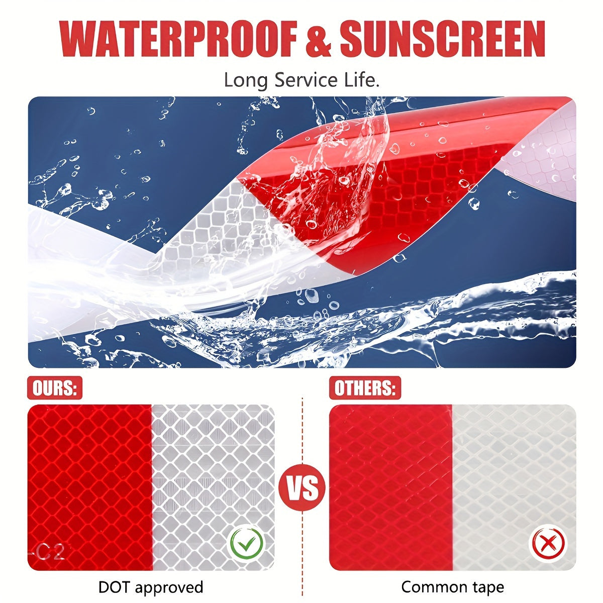 2Rolls DOT-C2 Waterproof Reflective Tape - 2 Inch Red and White High Strength Adhesive Safety Tape, Suitable for Vehicles, Trailers, Boats, Signs - PET Material, Compatible with Wood/Metal/Plastic, Suitable for Indoor and Outdoor Use, Skateboards