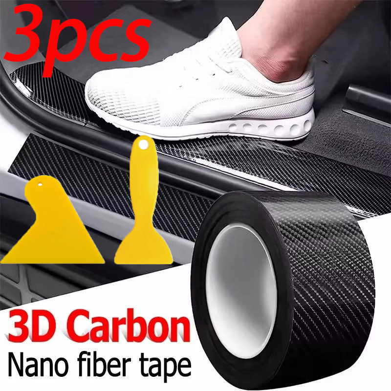 3pcs Set [118.11*3.94 Inch Carbon Nanofiber Tape + Two Special Scrapers for Film Application] 3D Carbon Nanofiber Tape Car Bumper Sill Protective Film Sill Sticker Black Waterproof And Scratch-Resistant - Stylish Car Additions