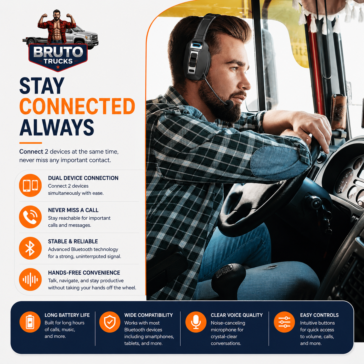 Trucker Bluetooth 5.2 Wireless Headset With Noise Cancelling Mic For Phones PC