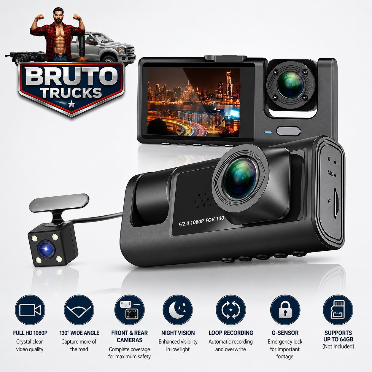 3 Channel Dash Cam Front And Rear Inside; 1080P Dash IR Night Vision; Loop Recording Car DVR Camera With 2 Inch IPS Screen 3 Cameras Car Dashcam