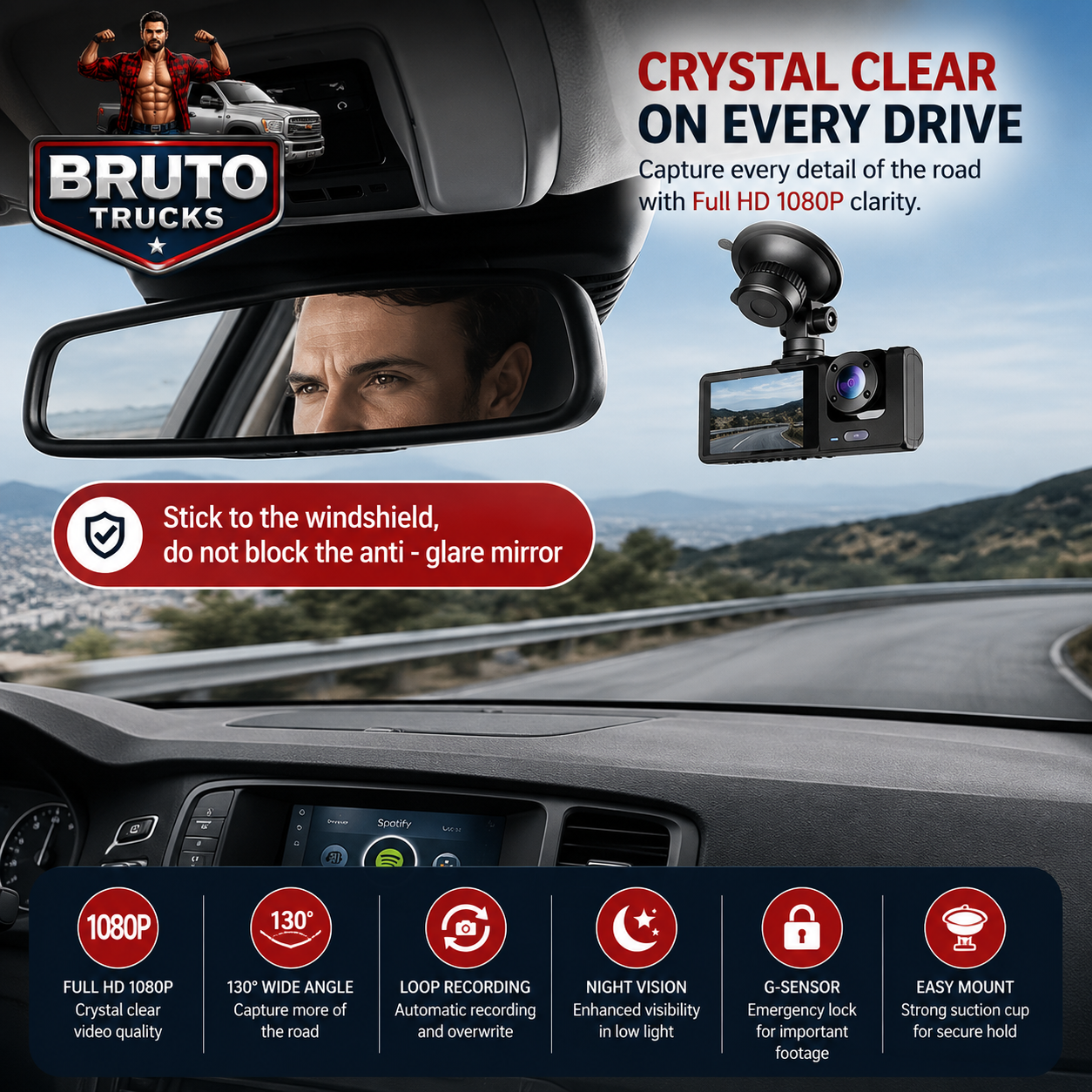 3 Channel Dash Cam Front And Rear Inside; 1080P Dash IR Night Vision; Loop Recording Car DVR Camera With 2 Inch IPS Screen 3 Cameras Car Dashcam