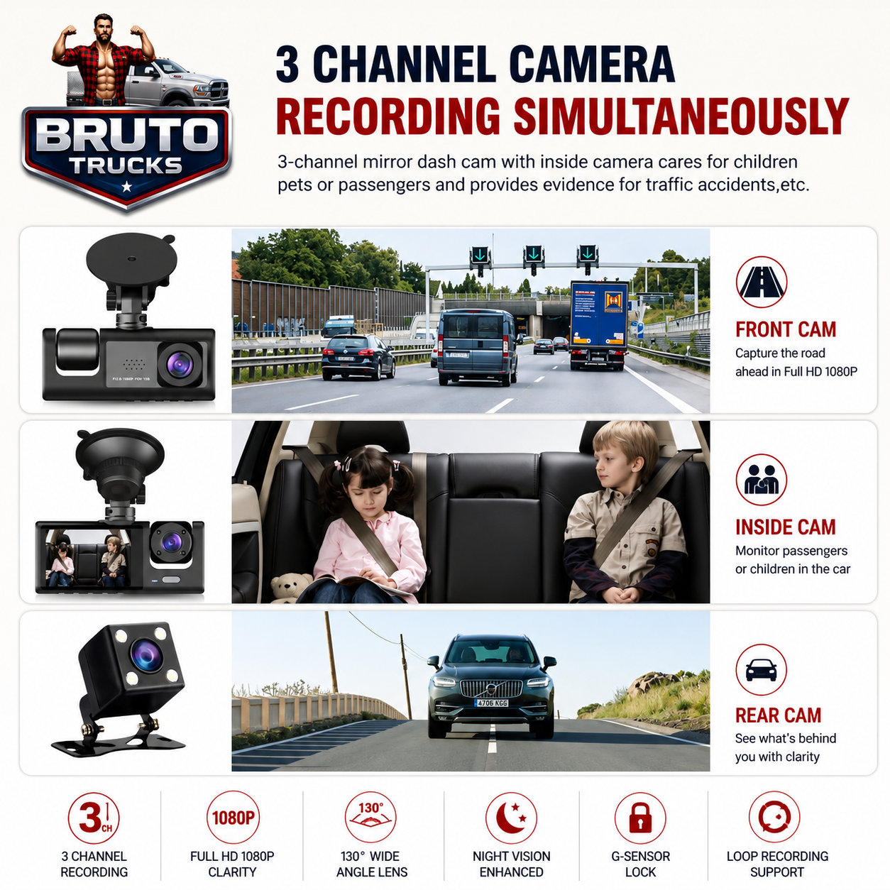 3 Channel Dash Cam Front And Rear Inside; 1080P Dash IR Night Vision; Loop Recording Car DVR Camera With 2 Inch IPS Screen 3 Cameras Car Dashcam