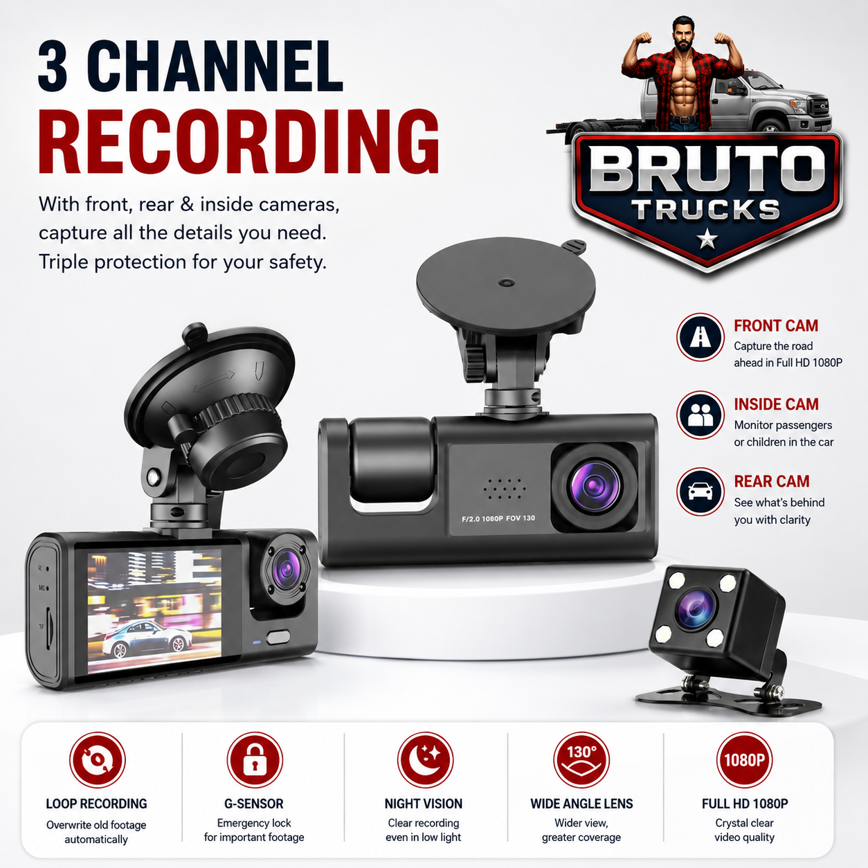 3 Channel Dash Cam Front And Rear Inside; 1080P Dash IR Night Vision; Loop Recording Car DVR Camera With 2 Inch IPS Screen 3 Cameras Car Dashcam
