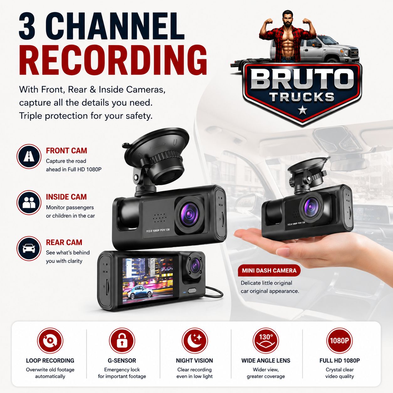 3 Channel Dash Cam Front And Rear Inside; 1080P Dash IR Night Vision; Loop Recording Car DVR Camera With 2 Inch IPS Screen 3 Cameras Car Dashcam