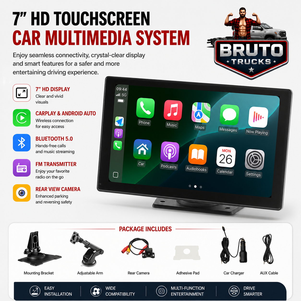 Wireless Car Stereo, 9-Inch HD Portable Radio Touch Screen Compatible with Apple CarPlay & Android Auto, CarPlay Screen with Backup Camera, Voice Control, Mirror Link, Bluetooth, GPS Navigation