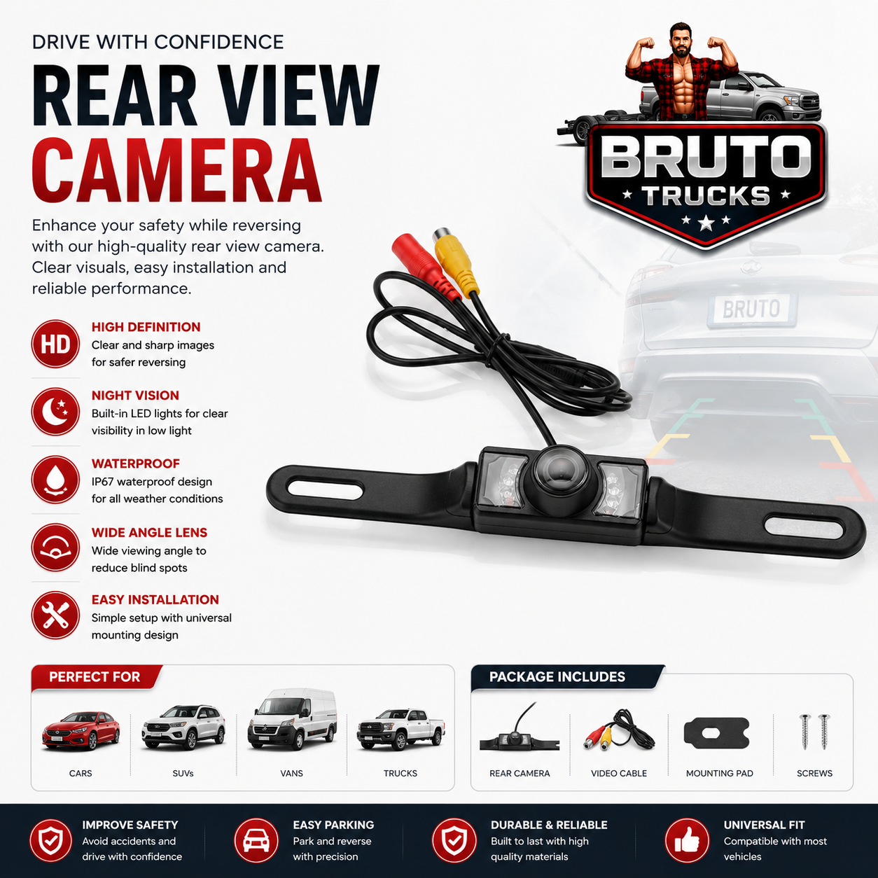 Wide 170° Night Vision Car Rear View Reverse Backup Parking Camera Waterproof