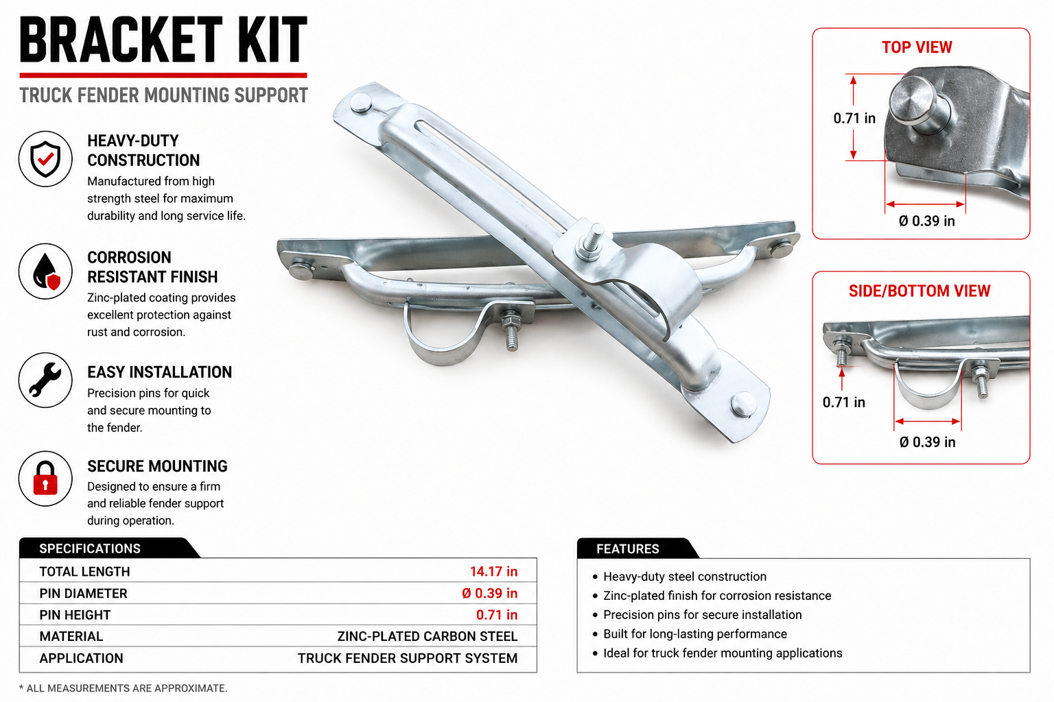 TitanMount™ Heavy-Duty Fender Mounting Kit – 4 Steel Brackets, 4 Heavy-Duty Clamps