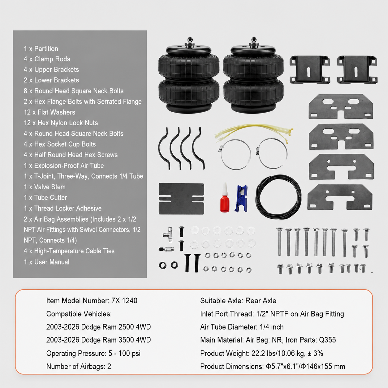 Air Bag Suspension Kit, Air Springs Suspension Bag Kit Compatible with 2003-2026 Dodge Ram 2500 4WD, 2003-2026 Dodge Ram 3500 4WD, 5000 lbs Loading, 5 to 100 PSI