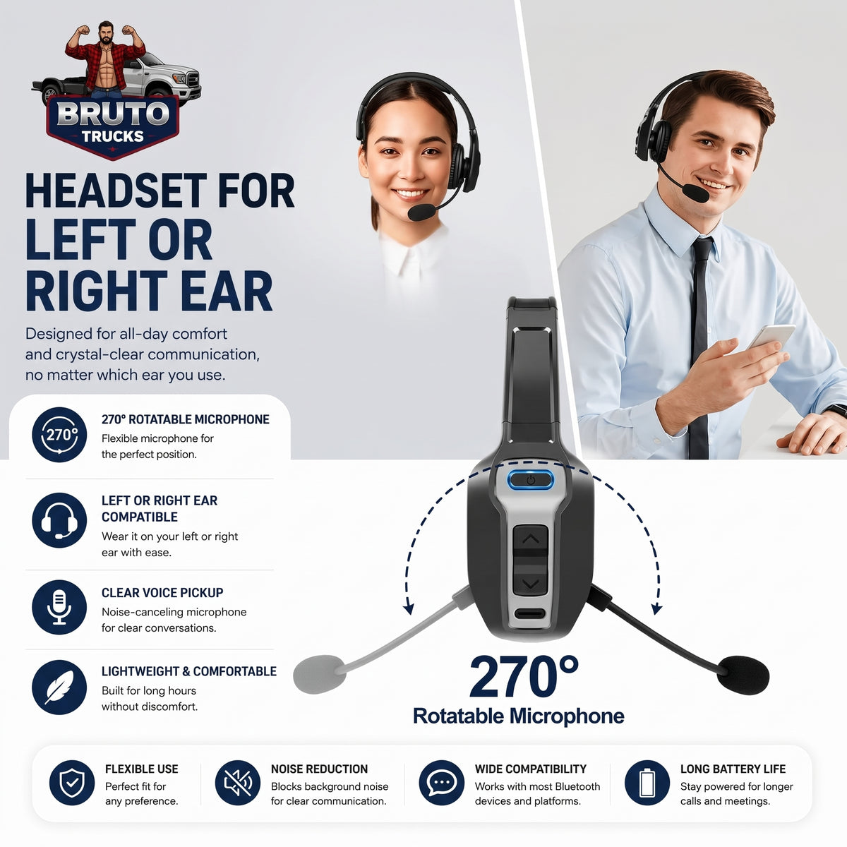 Trucker Bluetooth 5.2 Wireless Headset With Noise Cancelling Mic For Phones PC
