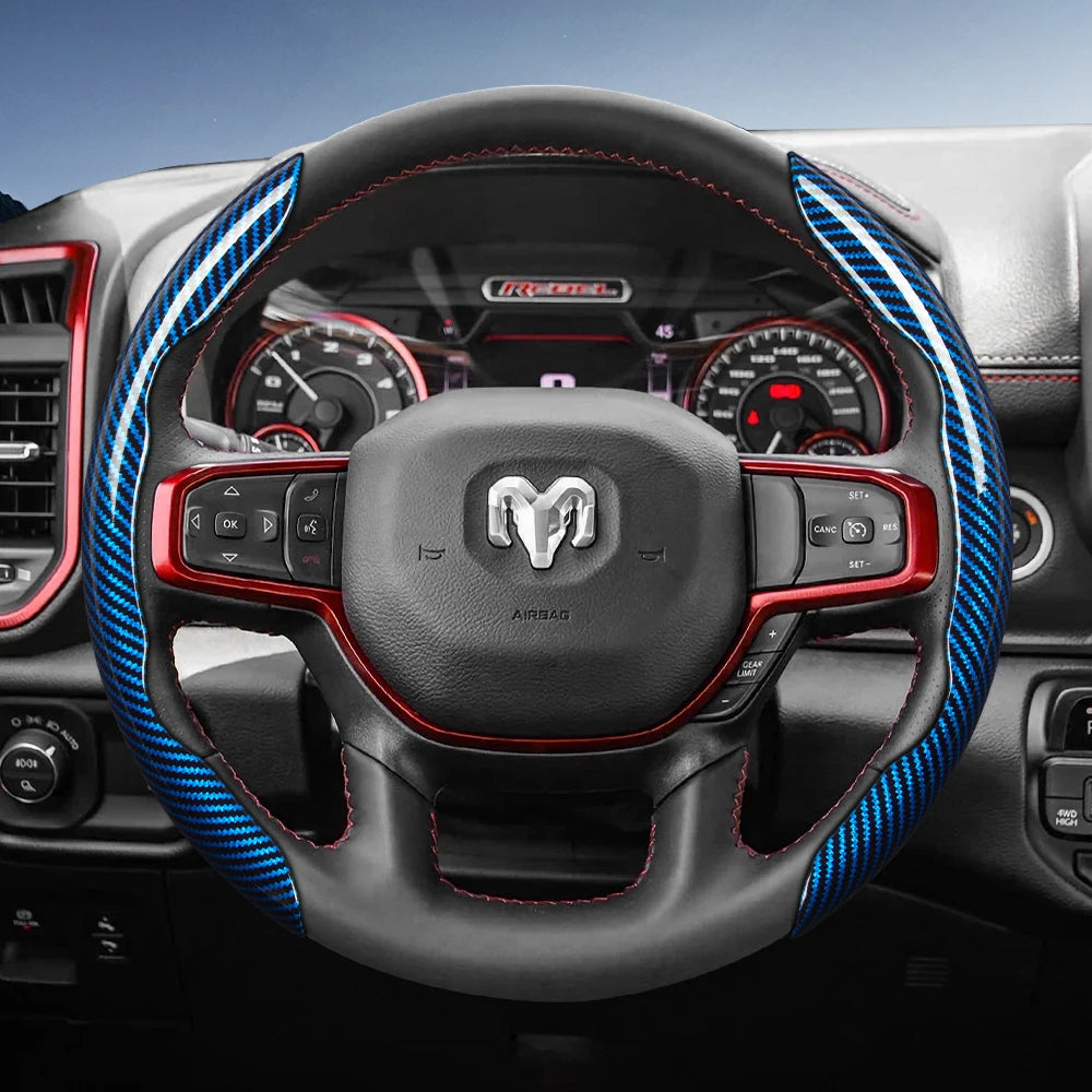Suitable for Ram Carbon Fiber Texture Steering Wheel Cover with Segmented Quick-Release Design, Durable, for Pickup Promaster Rampage 1500 2500 3500 4000 4500 5500 700 1000, Available in Black, Blue, Red, White, Silver
