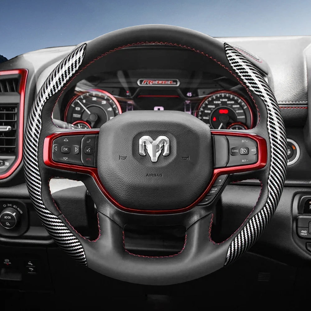 Suitable for Ram Carbon Fiber Texture Steering Wheel Cover with Segmented Quick-Release Design, Durable, for Pickup Promaster Rampage 1500 2500 3500 4000 4500 5500 700 1000, Available in Black, Blue, Red, White, Silver