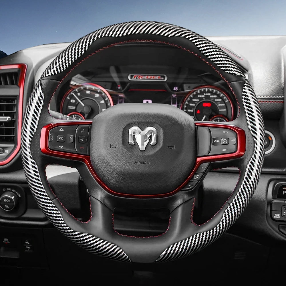 Suitable for Ram Carbon Fiber Texture Steering Wheel Cover with Segmented Quick-Release Design, Durable, for Pickup Promaster Rampage 1500 2500 3500 4000 4500 5500 700 1000, Available in Black, Blue, Red, White, Silver