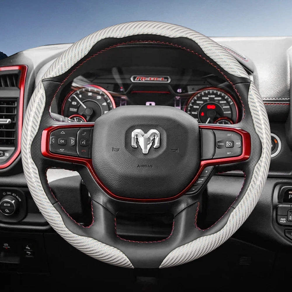 Suitable for Ram Carbon Fiber Texture Steering Wheel Cover with Segmented Quick-Release Design, Durable, for Pickup Promaster Rampage 1500 2500 3500 4000 4500 5500 700 1000, Available in Black, Blue, Red, White, Silver